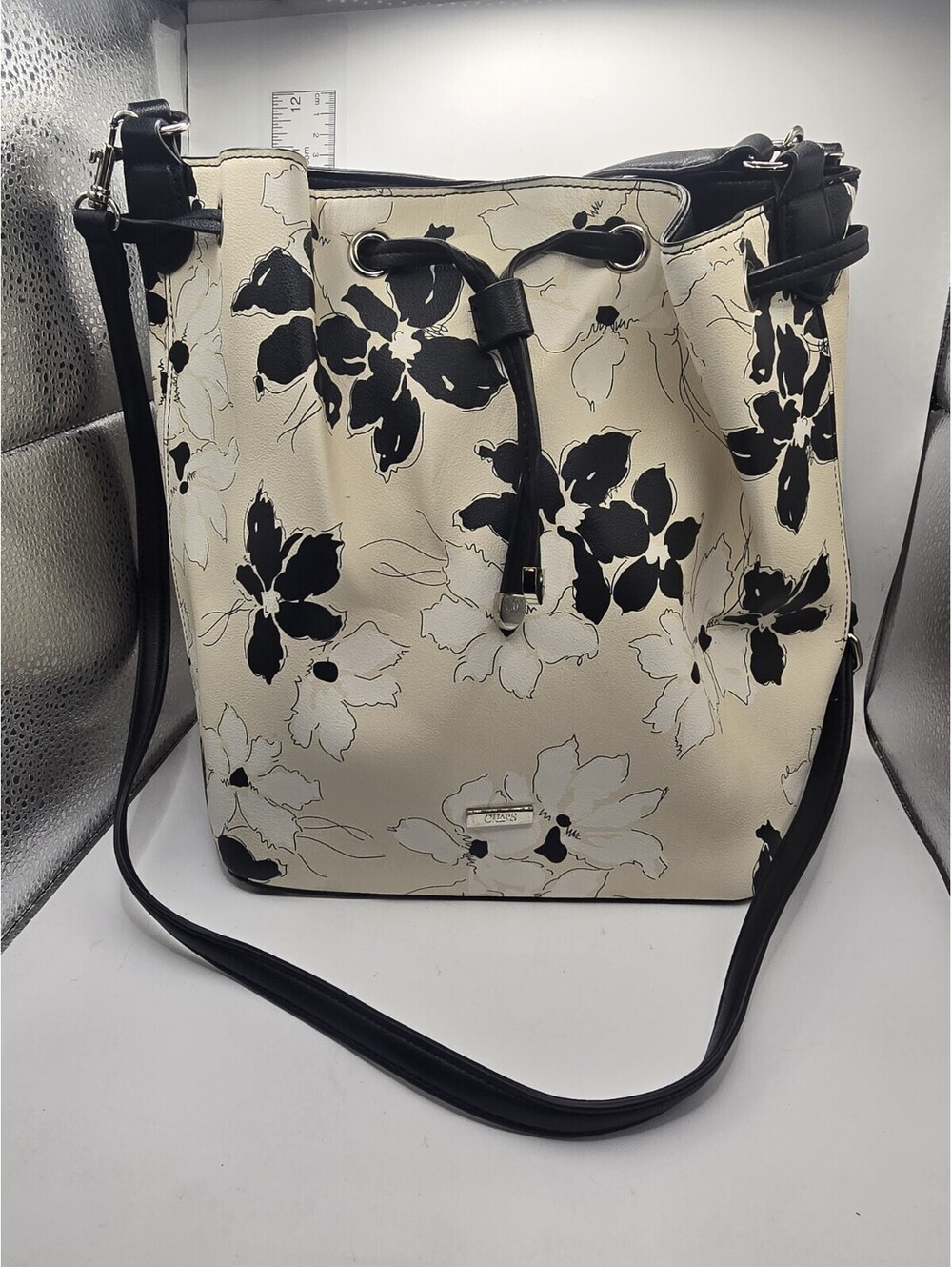 Super Cute CHAPS Beige, White, & Black Flowers Tote Bag